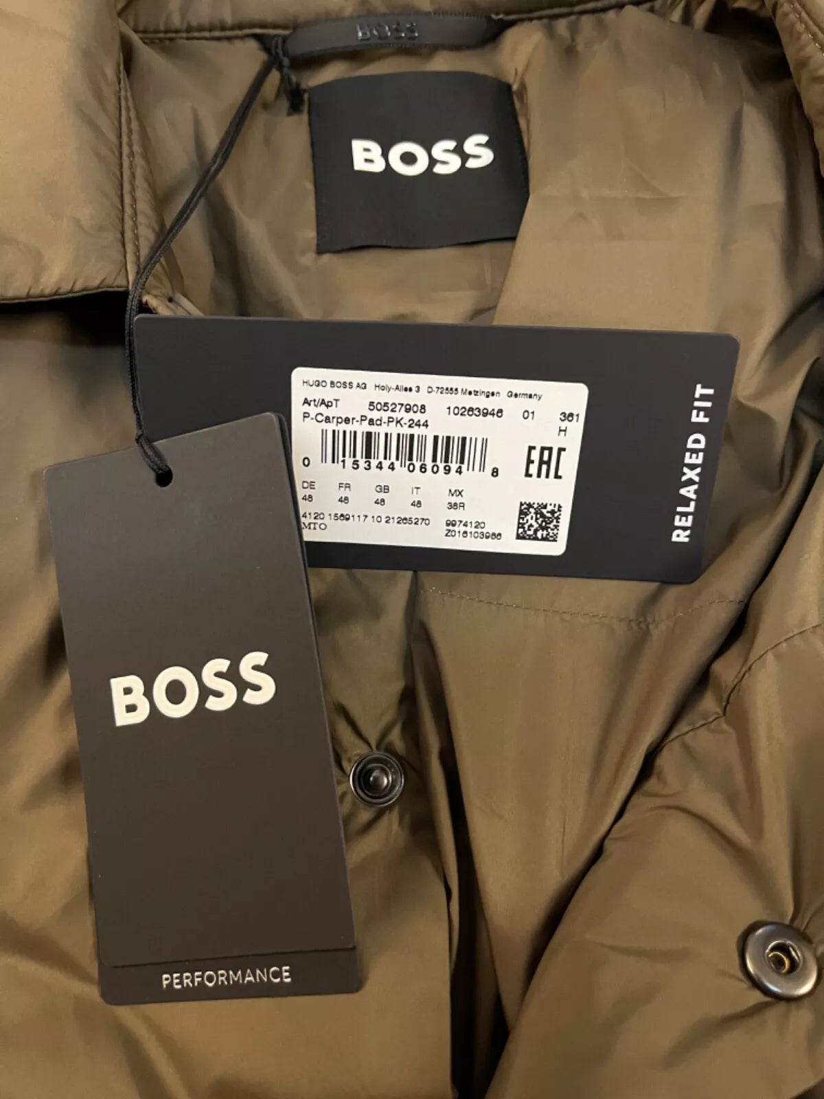$595 -BOSS Performance Jacket Padded Overshirt Water Repellent Lightweight  -38R