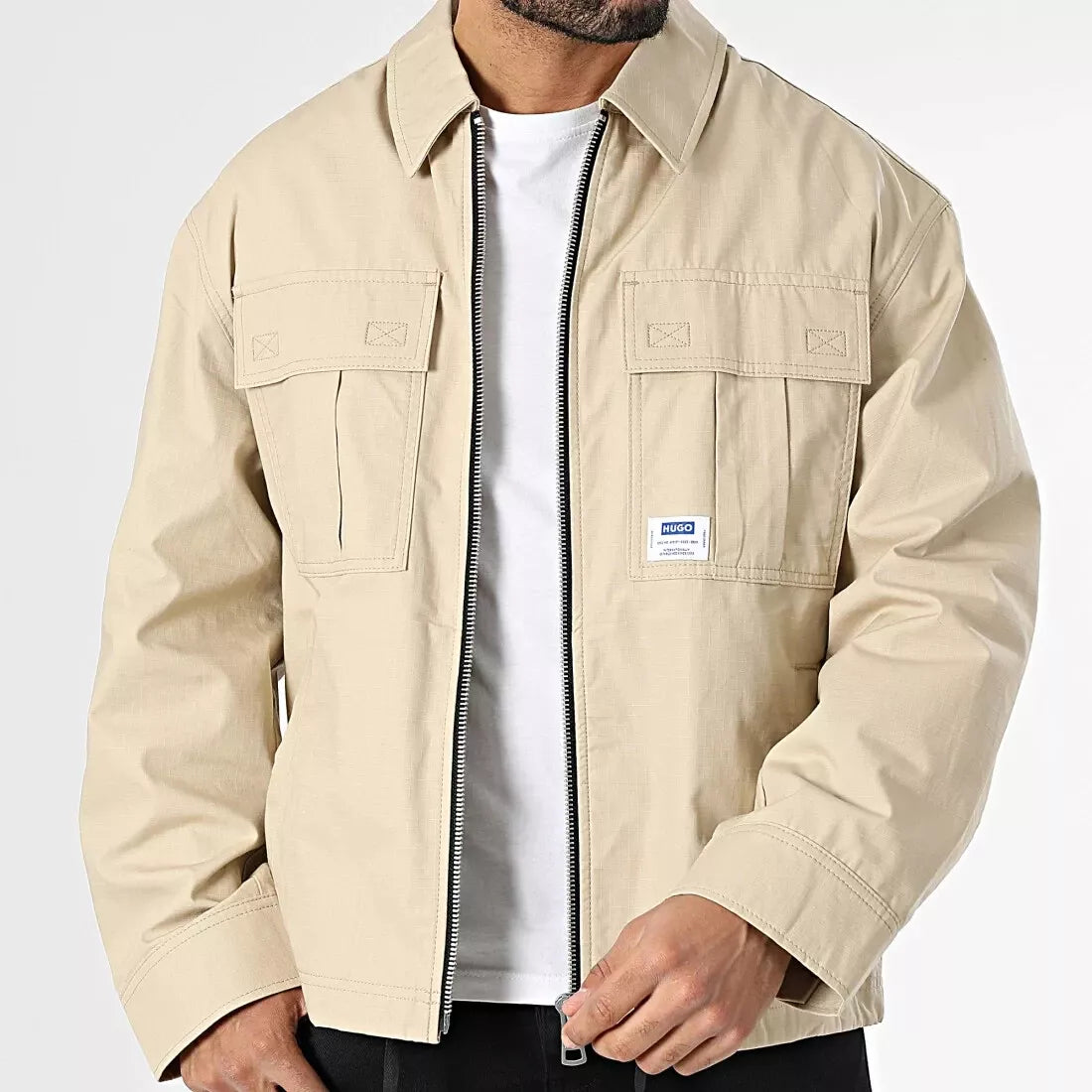 HUGO BOSS Jacket with Logo Label in Ripstop Cotton Regular Fit in Beige - Size M