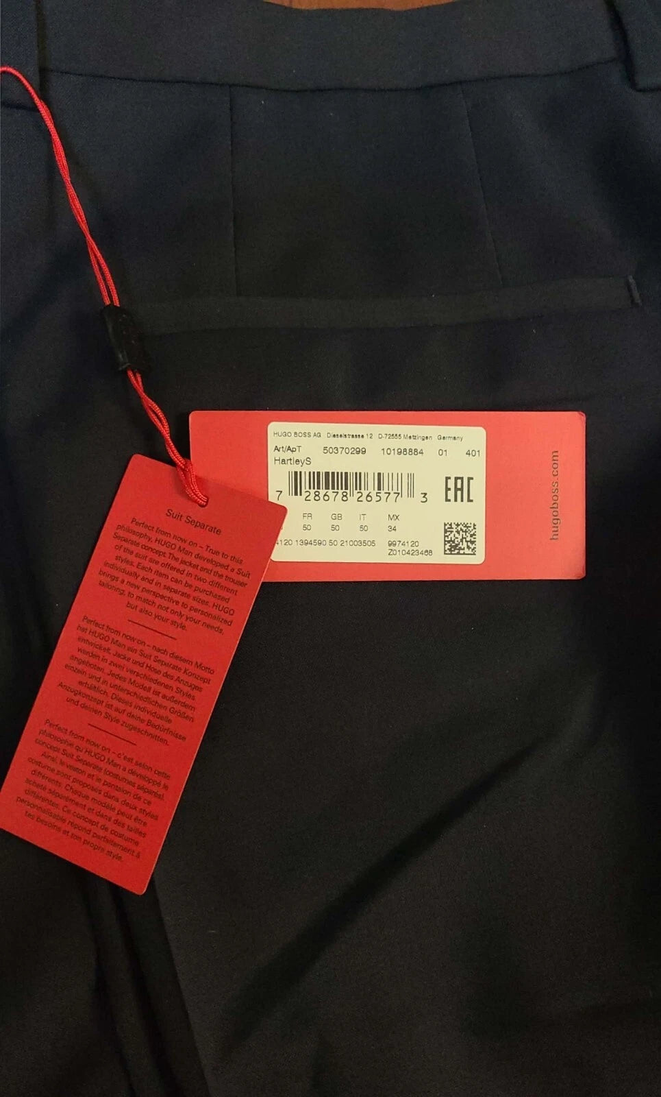 HUGO BOSS HartleyS Dress Pants in Virgin Wool Dark Blue Slim Fit - Size 34