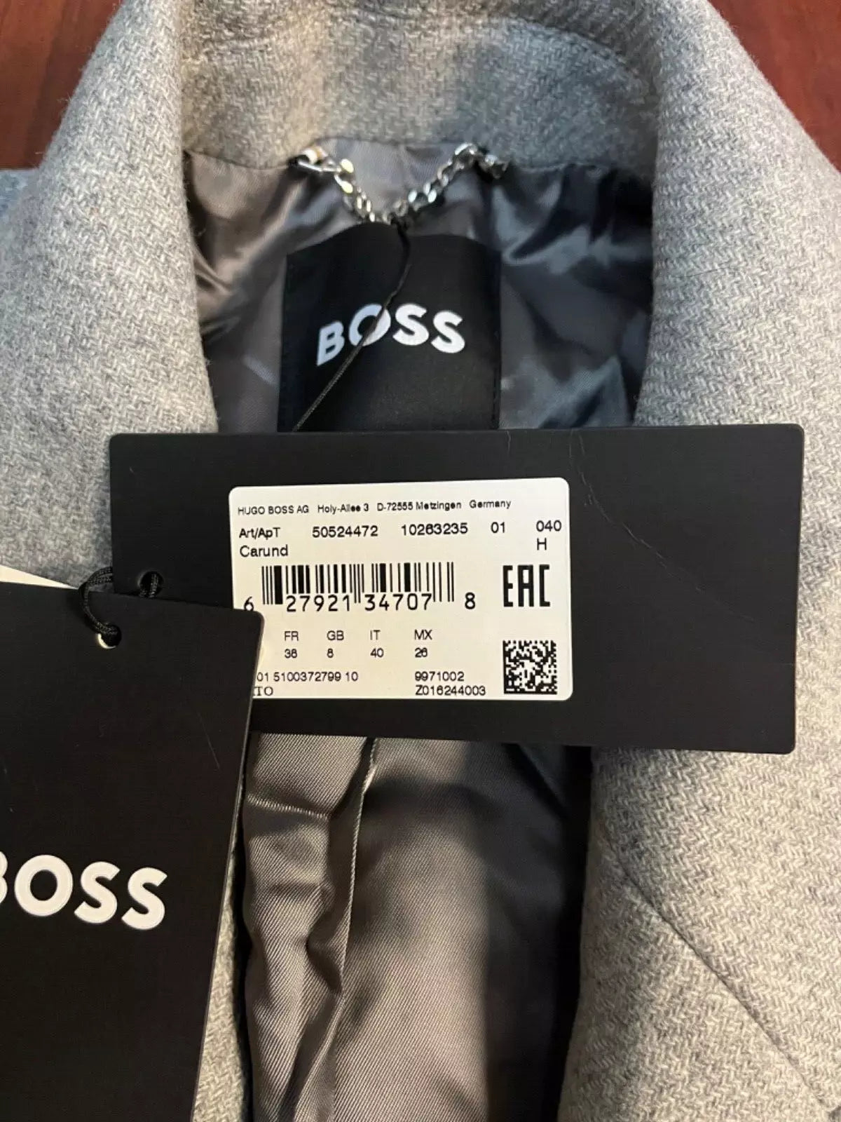 $895 - BOSS Luxury Coat in Wool with Cashmere Oversize Fit Silver - Size 4 / 26