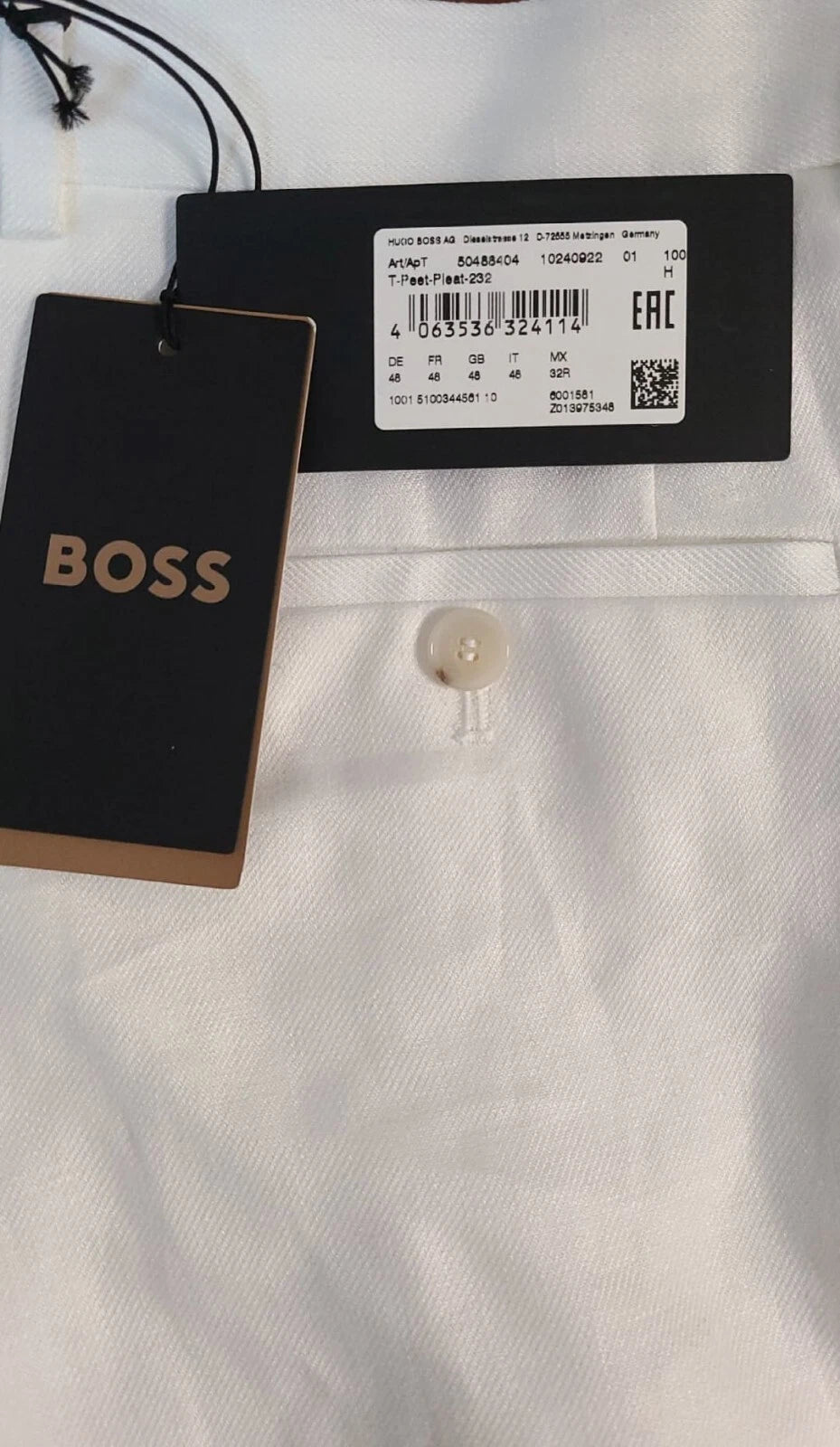 BOSS Luxury Pleated Chinos Pants in White Pure Linen Regular Fit - Size 32R
