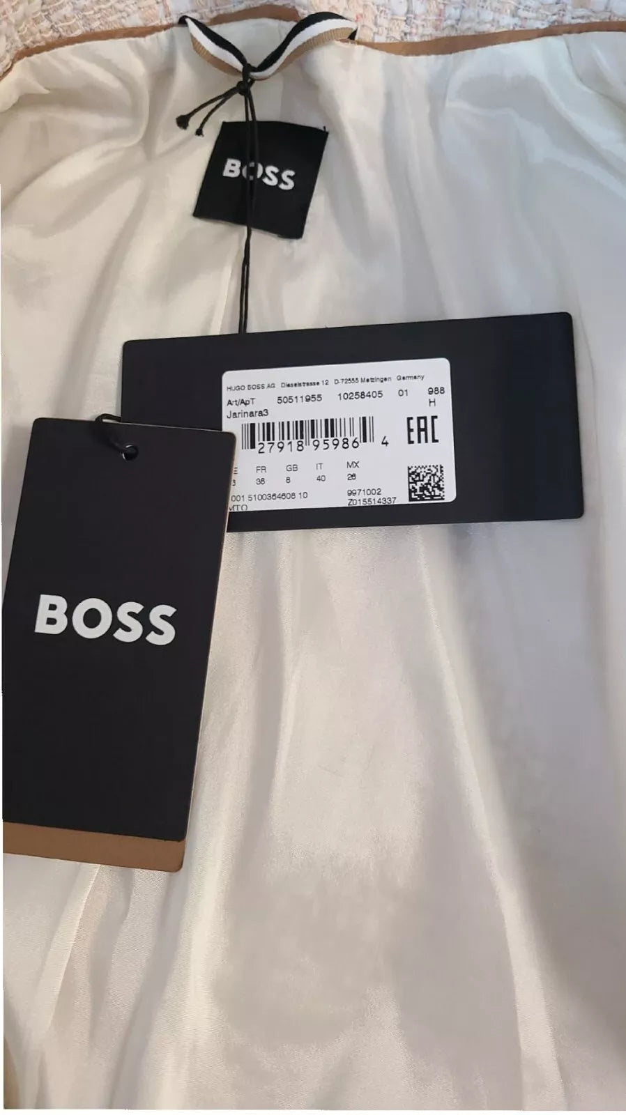 $645 BOSS Women Regular Fit Jacket Blazer in Tweed Beige Pattern - Size  4 / 26