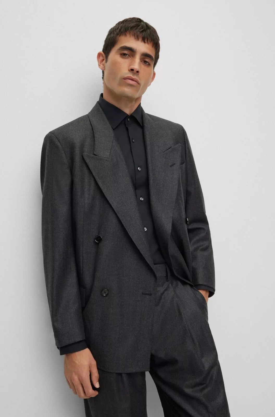 BOSS Double-Breasted Suit Jacket Virgin Wool Micro Pattern Relaxed Fit - 34R