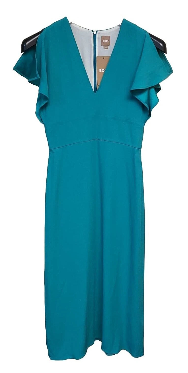 $595 - BOSS V-Neckline Long Length Dress Slim Fit Green - Size 4 /26