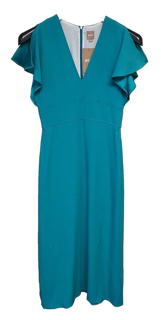 $595 - BOSS V-Neckline Long Length Dress Slim Fit Green - Size 4 /26