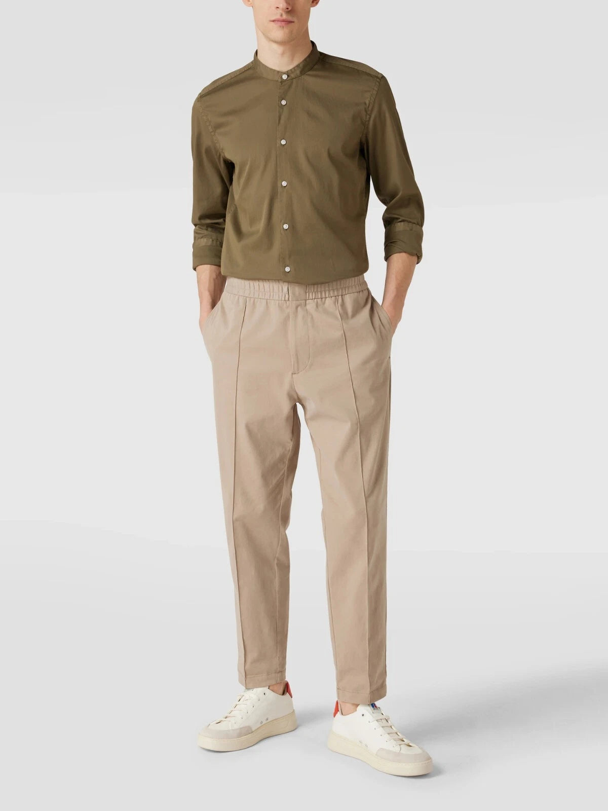 BOSS Slim-Fit Dress Stretch Shirt Stand-up Collar Olive Green - Size M / 39