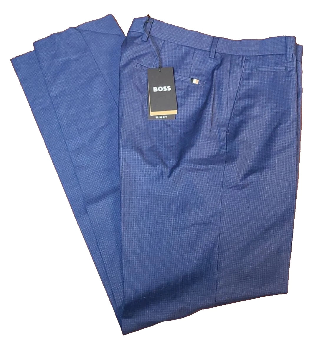 BOSS Genius Wool Dress Pants Classic Suit Pants Slim Fit Check Blue - Size 32R