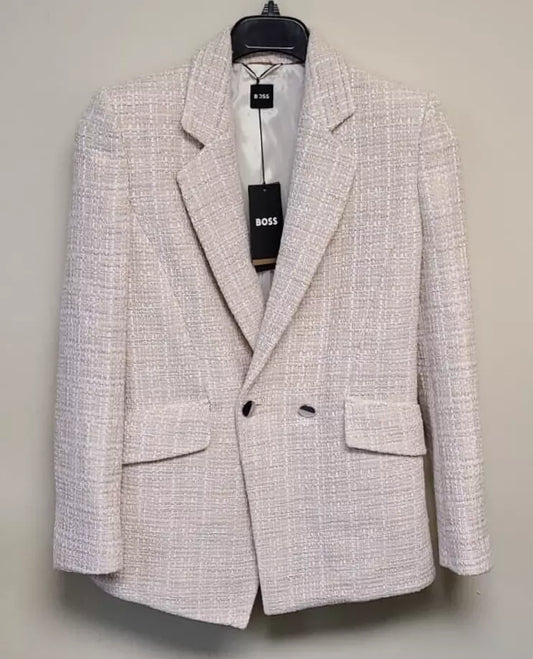 $645 BOSS Women Jacket Blazer in Tweed Beige Pattern Regular Fit - Size  4 / 26
