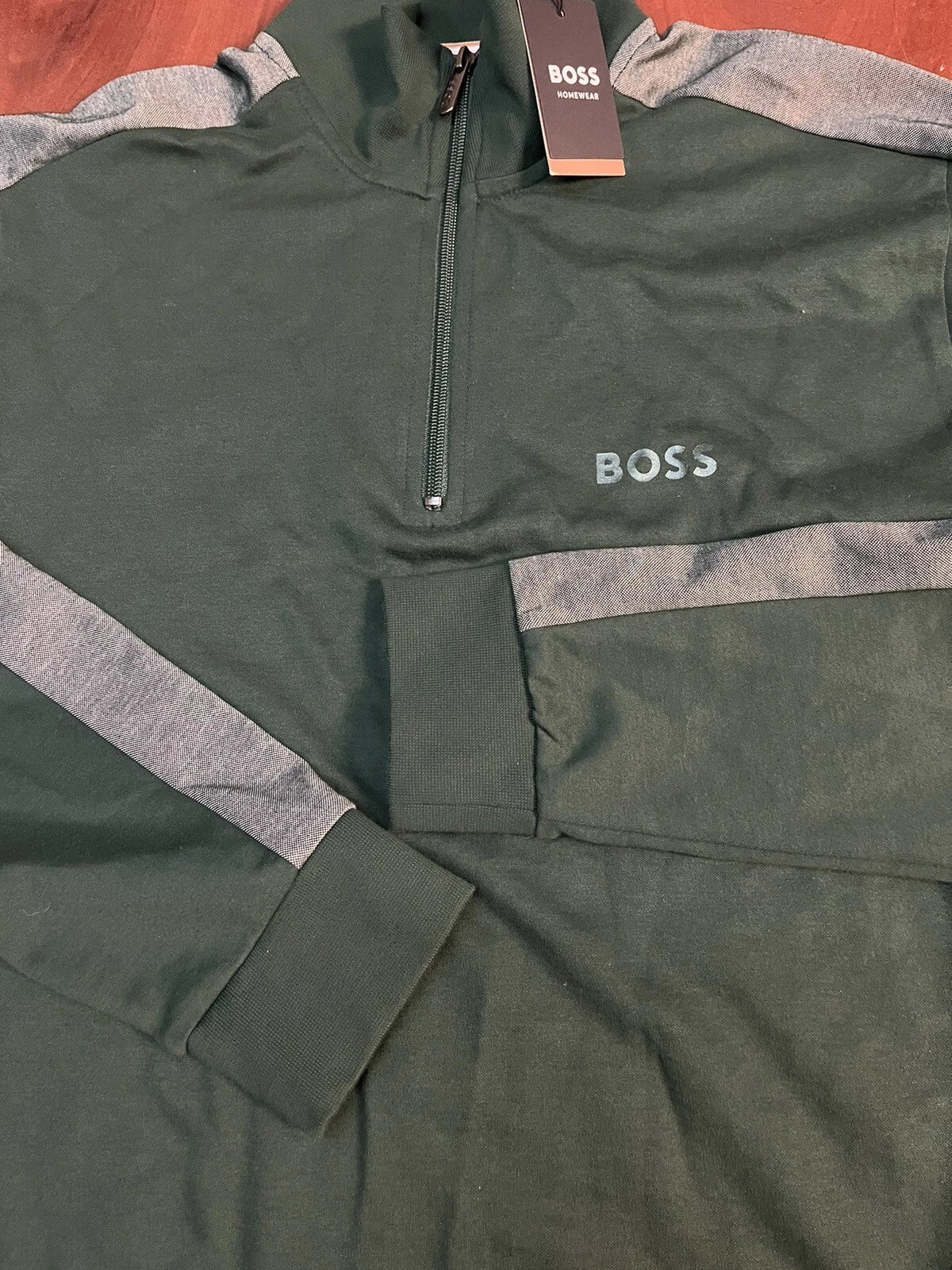 BOSS Quarter Zip Pullover Tracksuit Jacket Sweater with Logo in Green - Size M