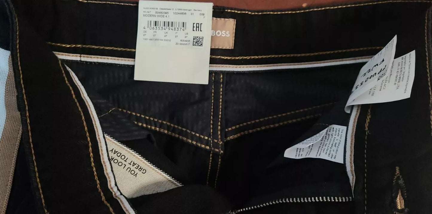 $278 - BOSS Wide Leg Regular Fit Jeans Signature Stripe in Black Denim - Size 27