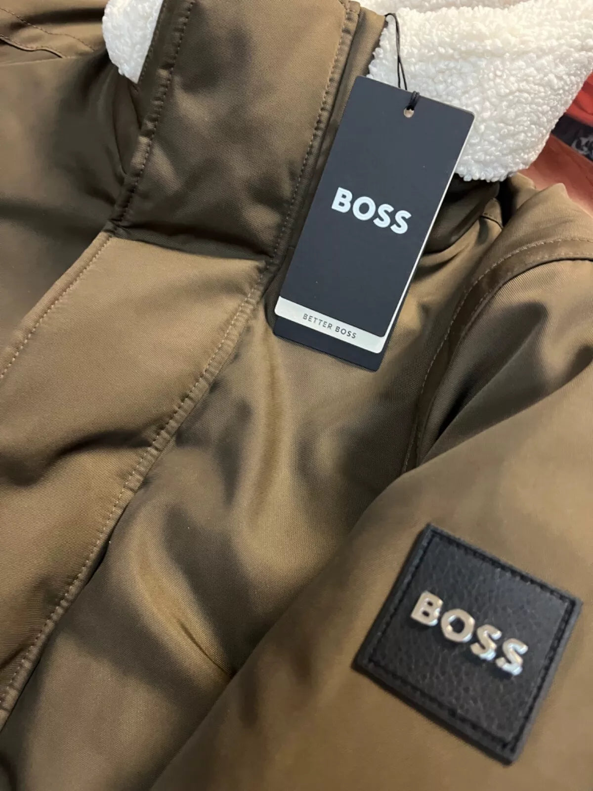 $645 BOSS Water Repellent Jacket Faux-Fur Collar Shoulder Logo Regular Fit - 40R