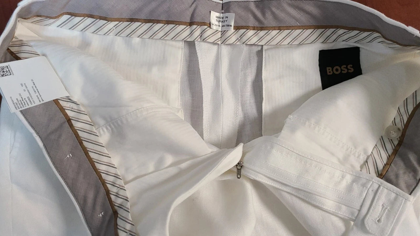 BOSS Luxury Pleated Chinos Pants in White Pure Linen Regular Fit - Size 32R