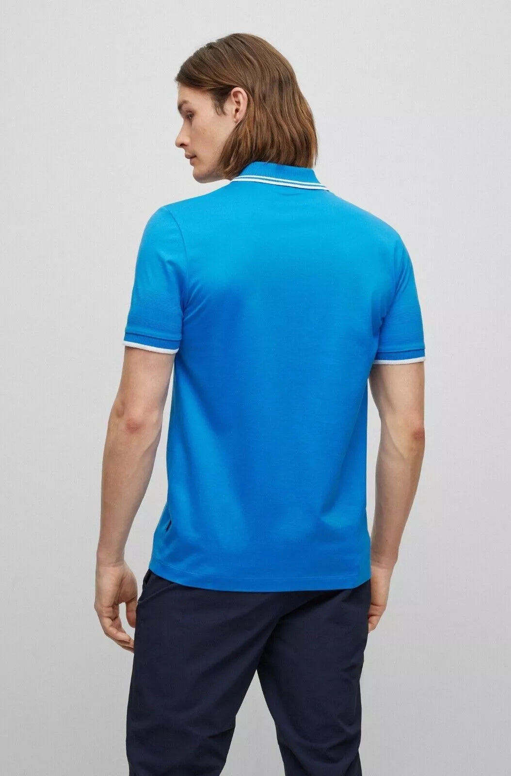 BOSS Phillipson Cotton Polo Shirt with Jacquard Stripes Slim Fit Blue - Size M