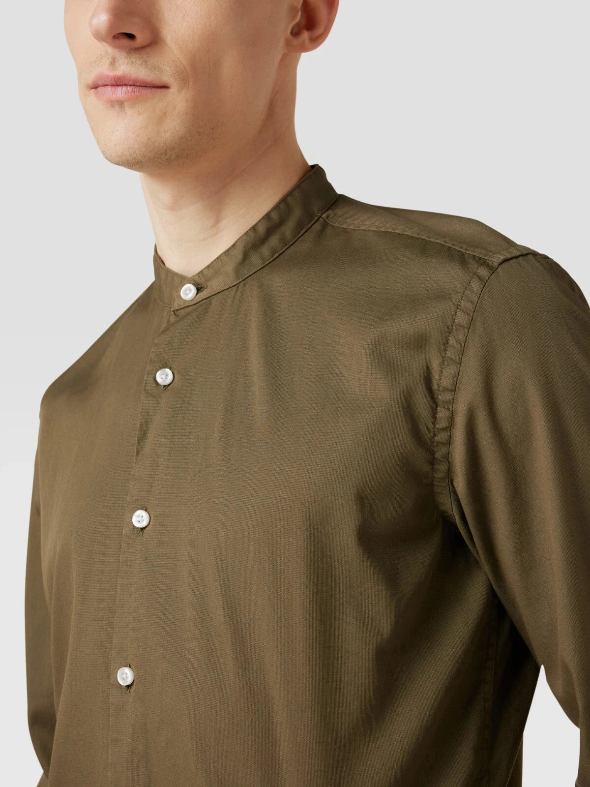 BOSS Slim-Fit Dress Stretch Shirt Stand-up Collar Olive Green - Size M / 39