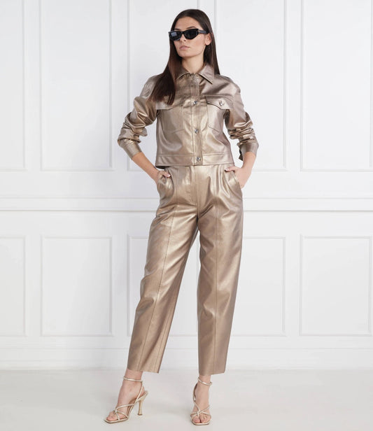 HUGO BOSS Tapered-Fit Trousers Gold-Tone Faux Leather Pants - Size 4 /26 - NWT