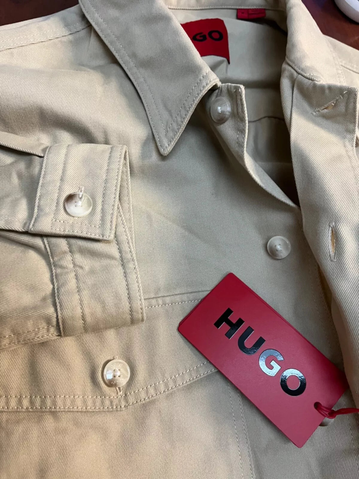 HUGO BOSS Casual Cotton Shirt Overshirt Logo Label Oversized Fit Beige - Size M