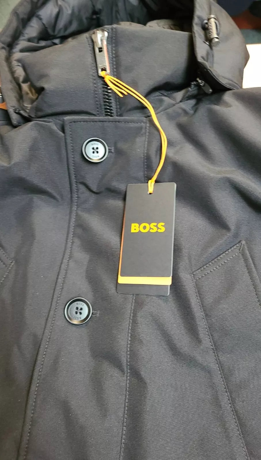 BOSS Water Repellent Jacket Parka Removable Hood Relaxed Fit in Black - Size 38R
