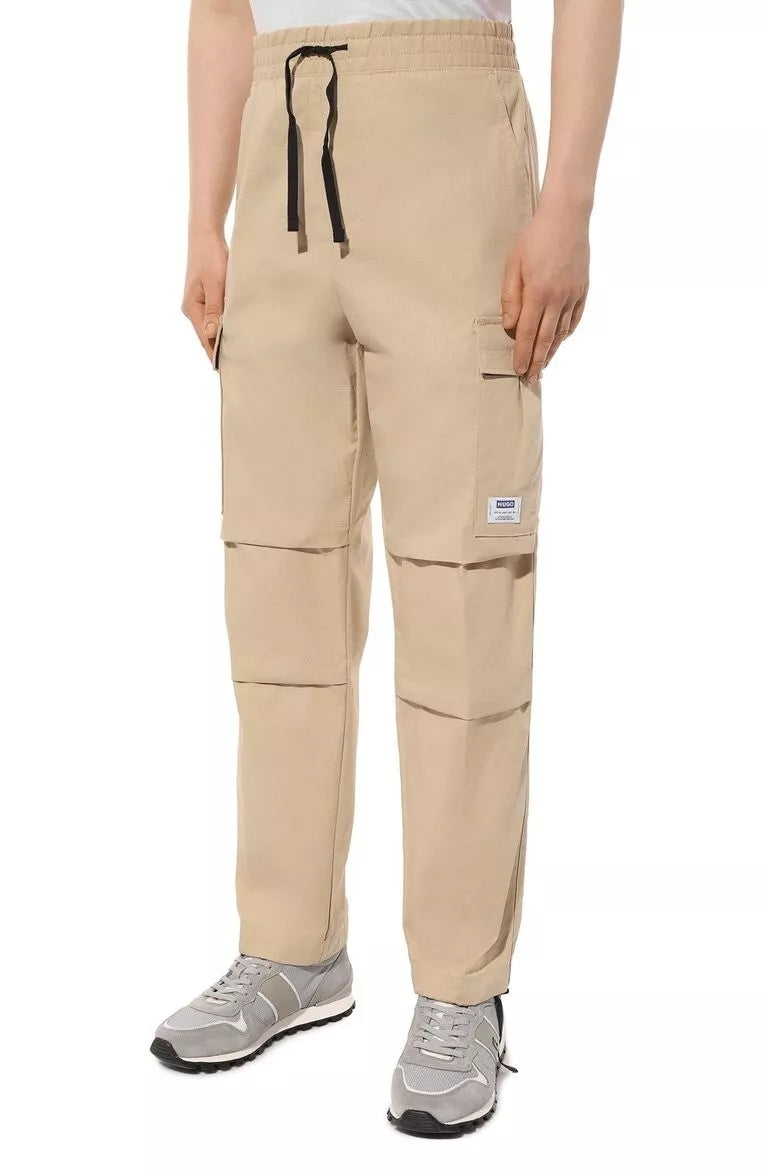 HUGO BOSS Cargo Pants in Structured Cotton Relaxed Fit Beige - Size M