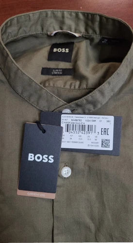 BOSS Slim-Fit Dress Stretch Shirt Stand-up Collar Olive Green - Size M / 39